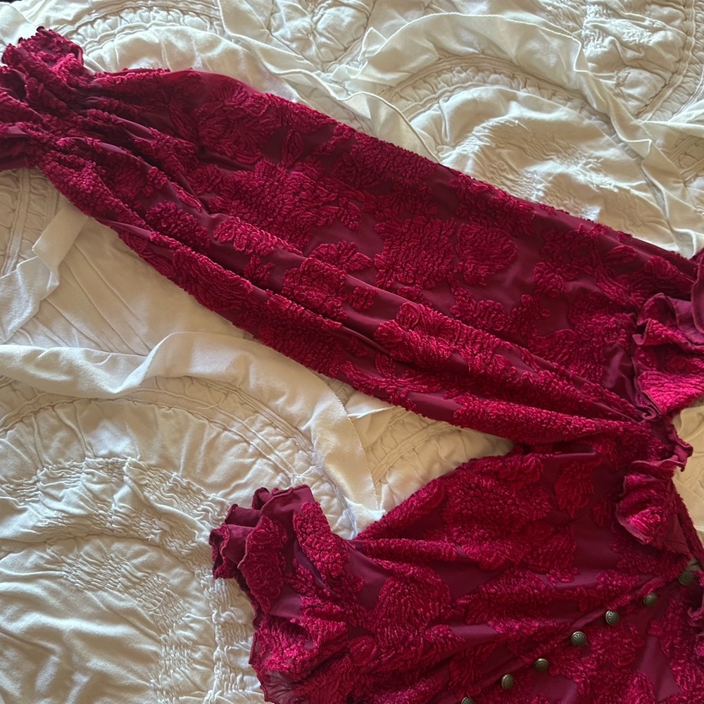 Anthropologie Raspberry Red Ruffled Burnout Blouse - Picture 4 of 7